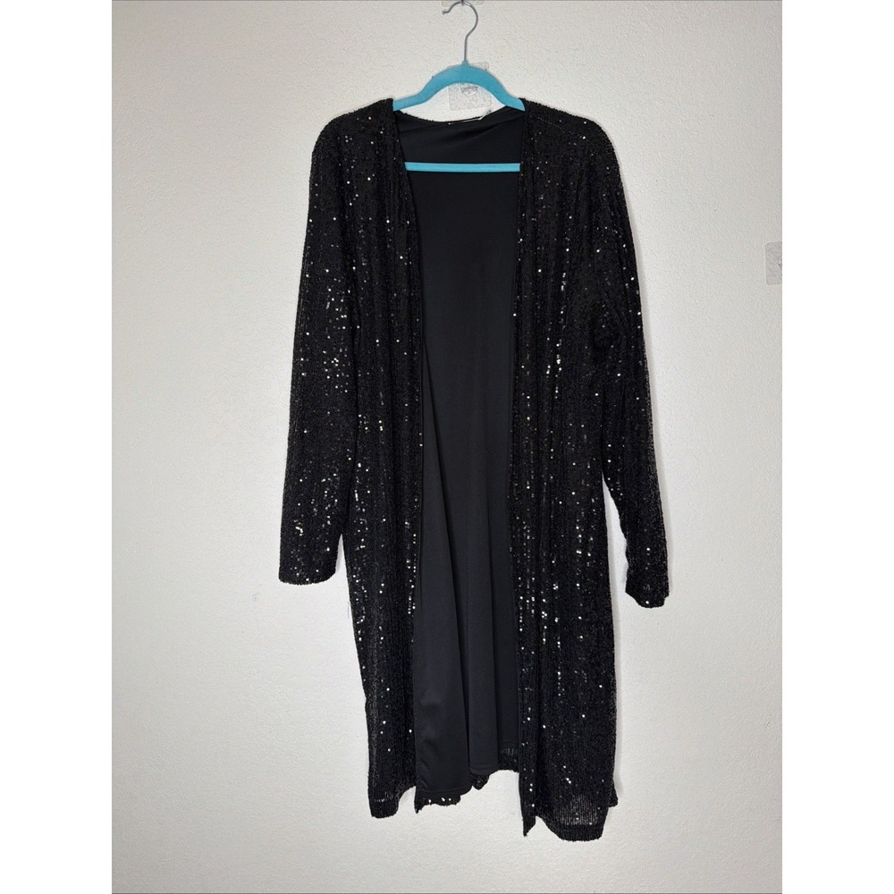 Rickis Sequin‎ Cardigan Womens 2XL Black Long Open Front Party Cocktail XXL Glam